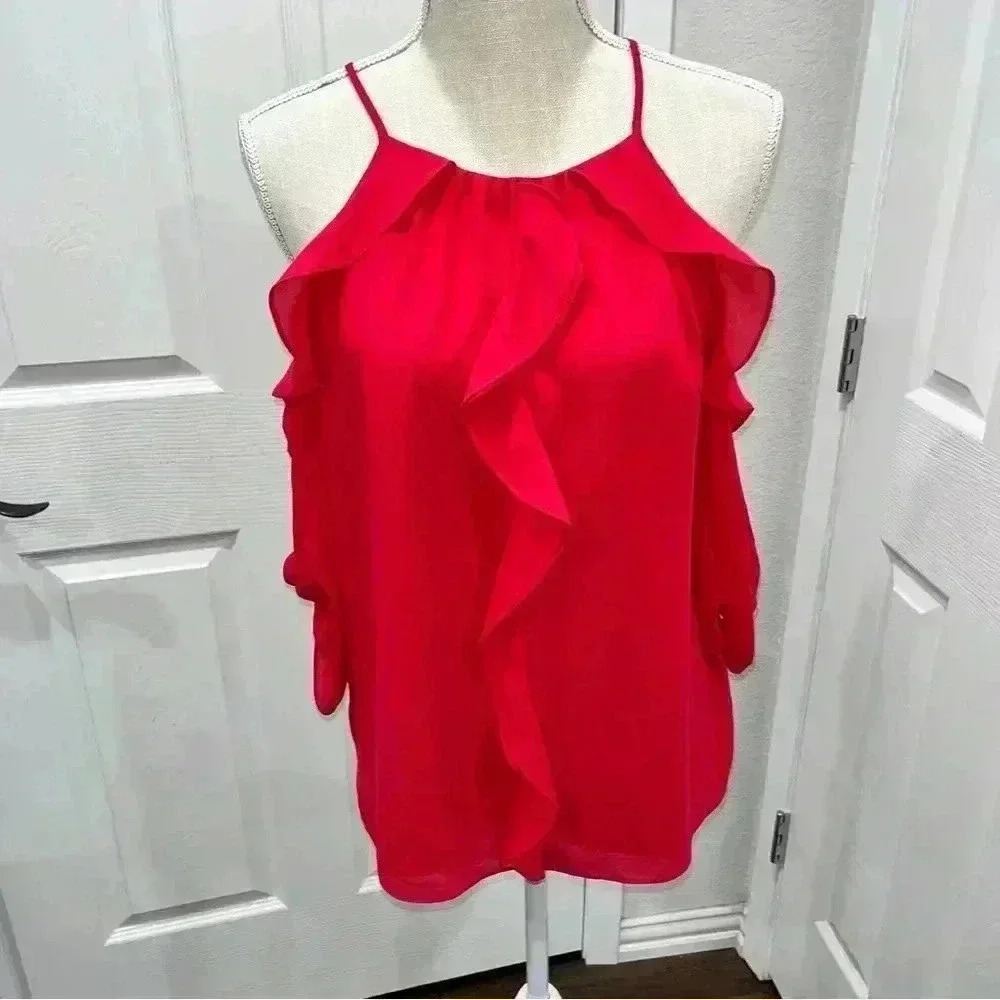 Belle Badgley Mischka cold shoulder ruffle front blouse, keyhole, 3/4 sleeve